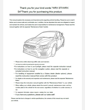 subaru wrx sti& s4 2018- 2019 owners manual in english